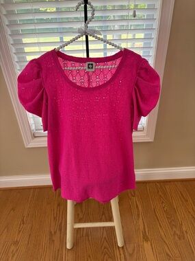 Anne Klein Hot Pink Puff-Sleeve Eyelet Knit Top
